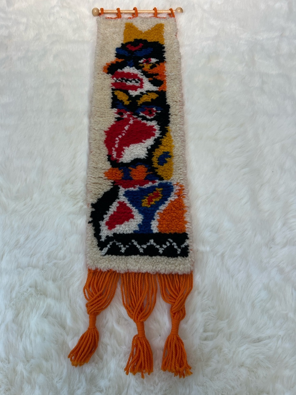 Retro vintage 1970s handmade latch-hook  rug wall hanging folk art and indigenou